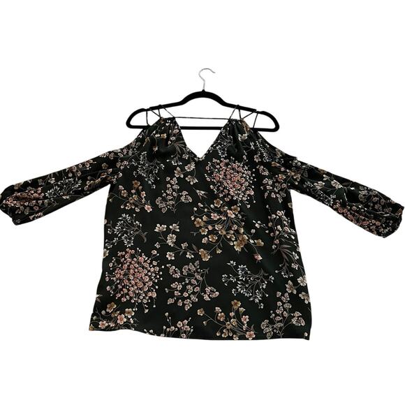 Skies Are Blue Floral Cold Shoulder Top Size M Forest Green 3/4 Sleeves Boho - Picture 4 of 8